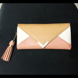 Beige blush white envelope fold clutch with tassel